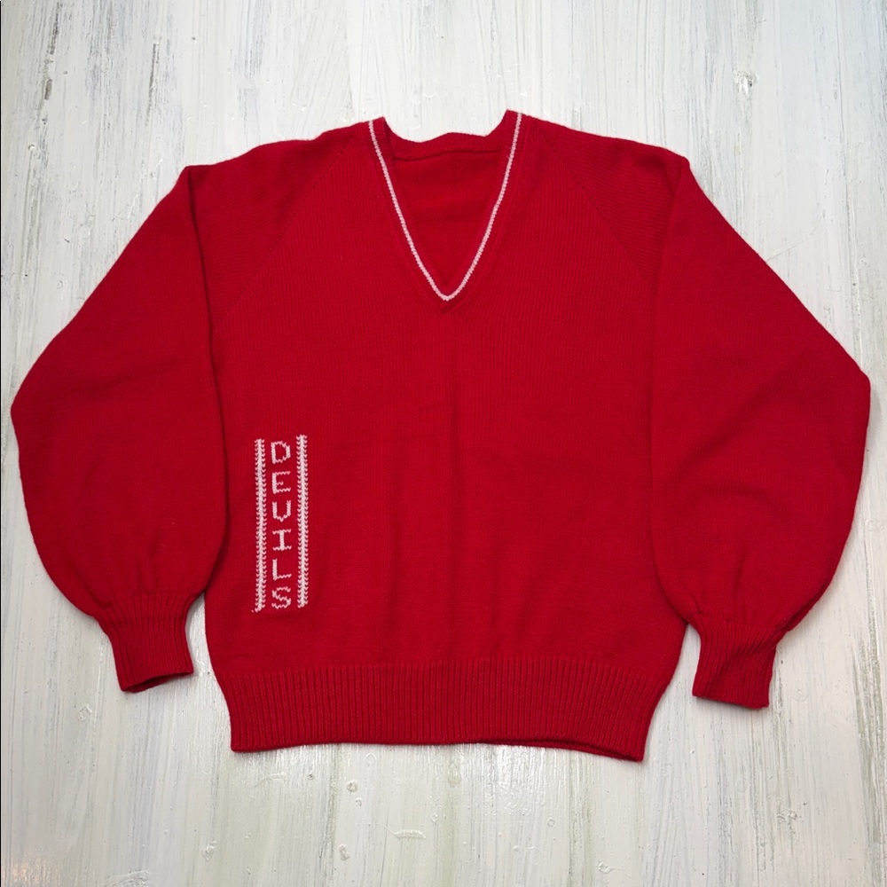 VTG 70s/80s Red V-Neck Cheer Sweater w/ a “DEVILS”  Vertical Stitch Graphic Sz S